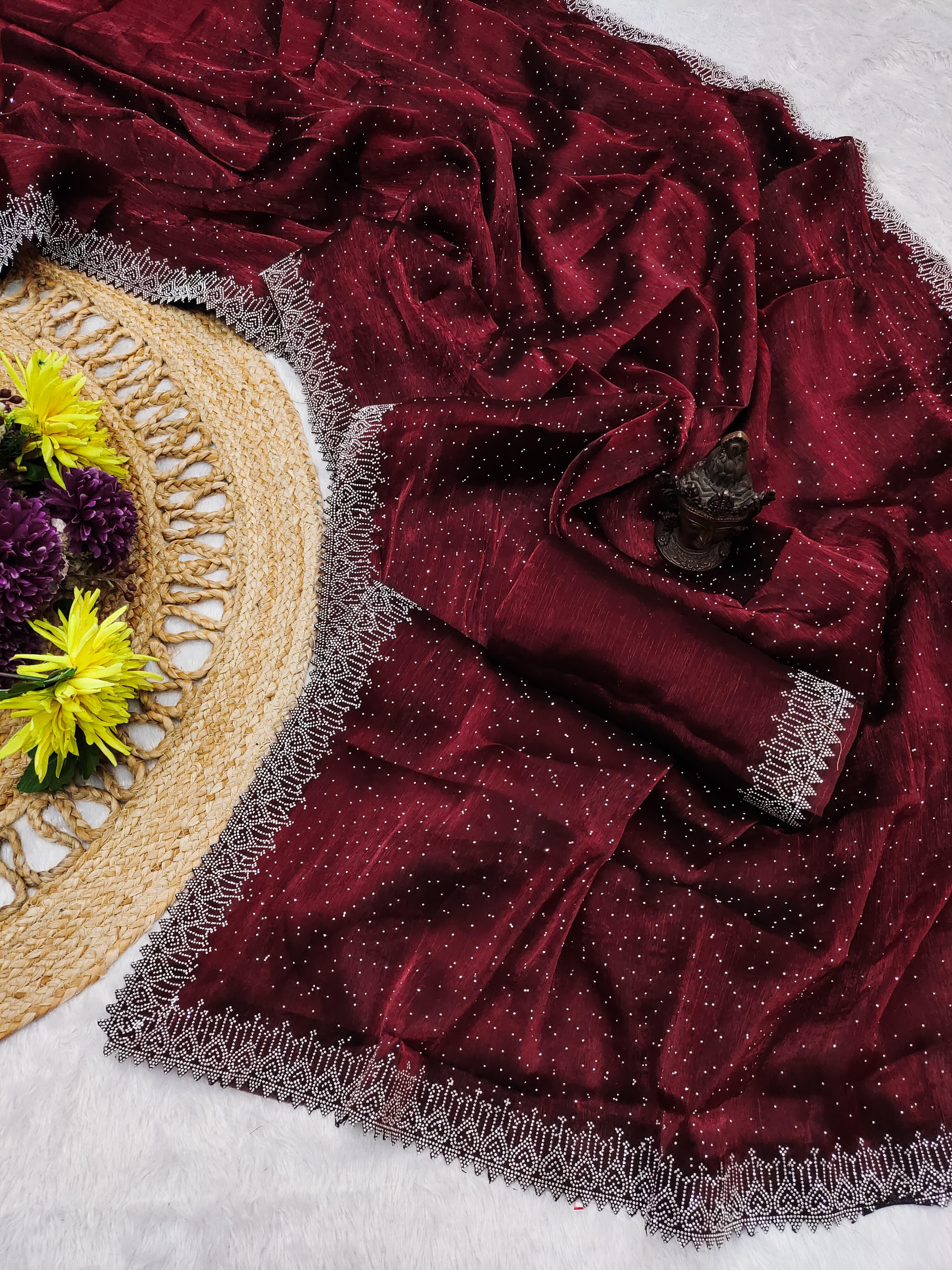 New designe in trending designer saree collection   *👇 PRODUCT DETAILS 👇* 57k *SAREE FAB. :* FENDY chiffon Fabric   *WORK :* Original Swarovski Diamond work in saree  *BLOUSE*- Beautiful Diamond work in running Fabric   