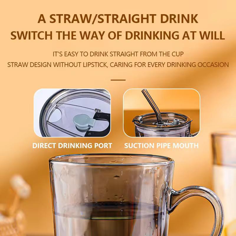 SINGLE HEAVY GLASS HANDLE COFFEE MUG WITH GLASS STRAW 🧃